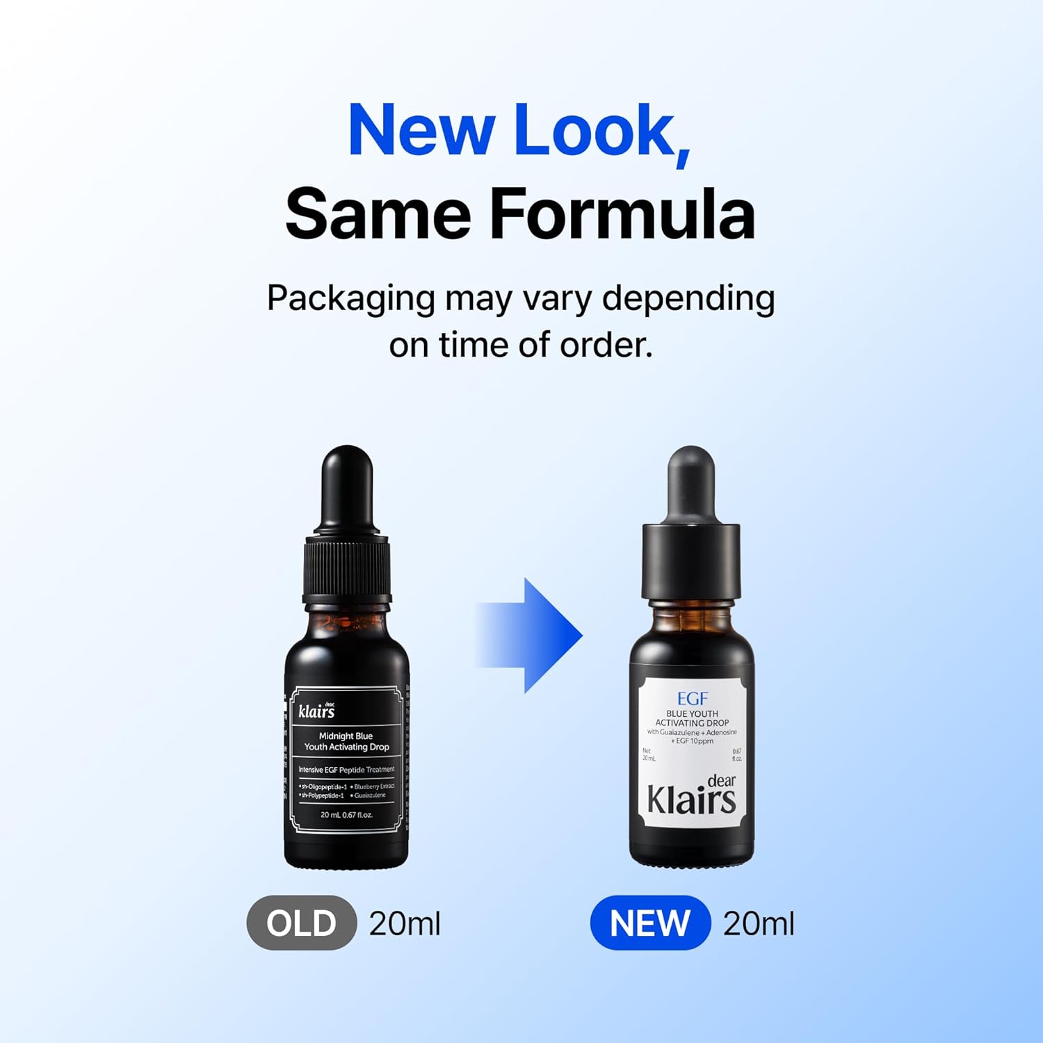 Dear Klairs Korean EGF Serum – Blue Youth Activating Drop with EGF Peptides and Guaiazulene, Repairing Serum for Redness and Blemish-prone Skin, Visibly Fades Post-Blemish Marks, 0.67 Fl Oz