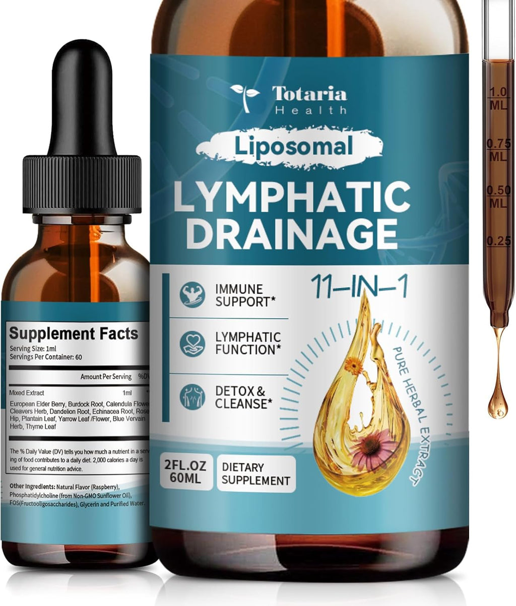 Liposomal Lymphatic Drainage Drops - 11 In 1 Organic Lymphatic Drainage Supplement with Burdock Root, Echinacea, Elderberry, Calendula, Cleavers Herb, Dandelion Supports Lymphatic Health 2 FL.OZ