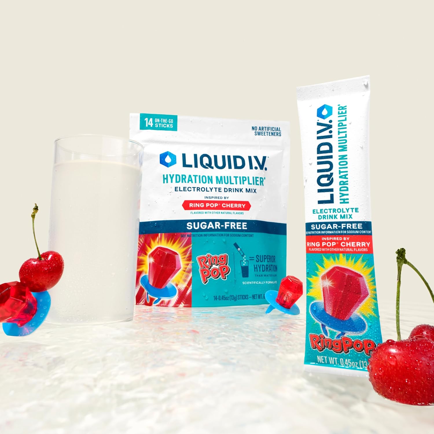 Liquid I.V. Sugar-Free Hydration Multiplier - Ring Pop Cherry - Hydration Powder Packets | Electrolyte Powder Drink Mix | Convenient Single-Serving Sticks | 8 Vitamins & Nutrients | 1 Pack (14 Servings)