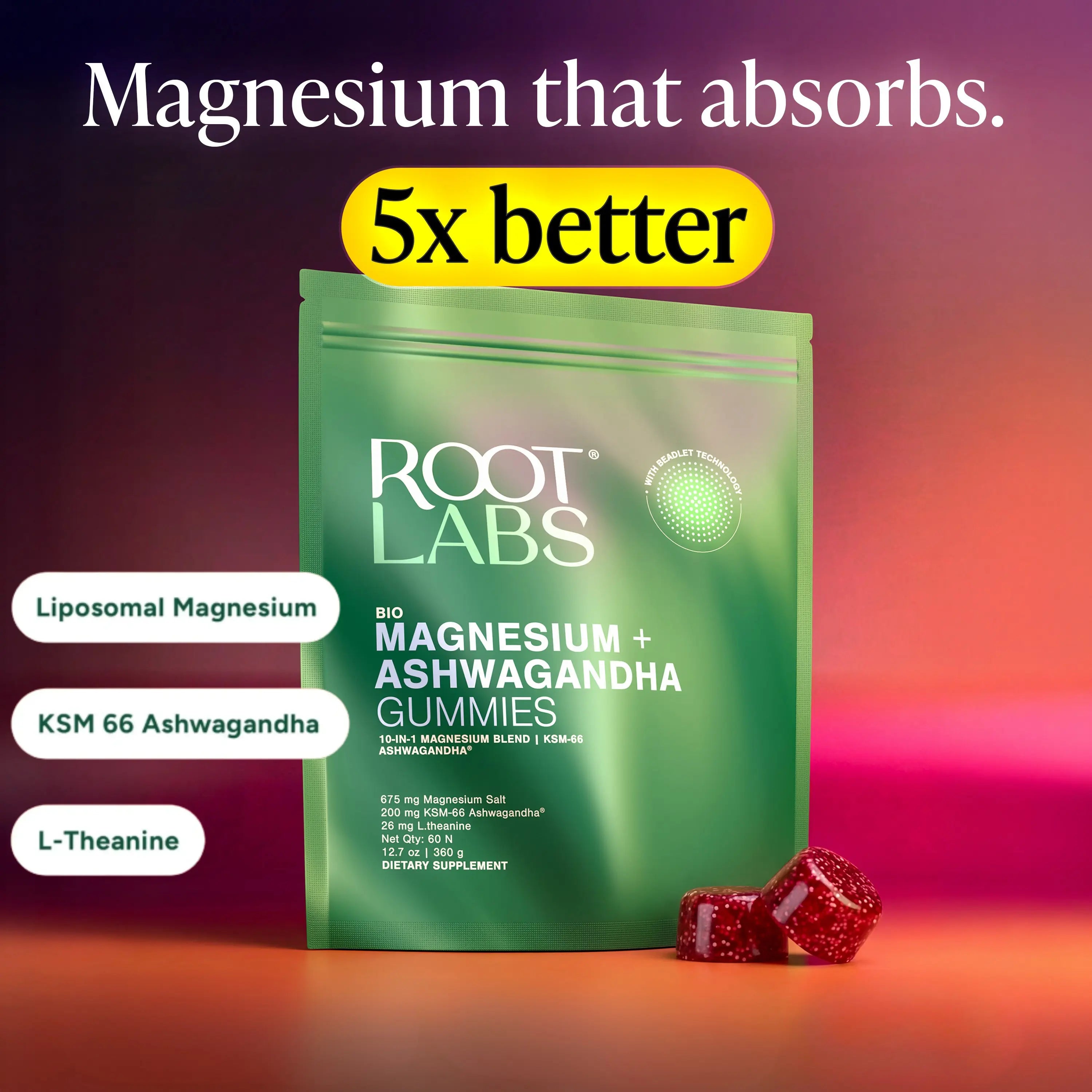Root Labs Liposomal Magnesium + Ashwagandha Gummies with Beadlet Technology | 675mg Multi-Form Magnesium Salt, 200mg KSM-66 Ashwagandha, 26mg L-Theanine | High Bioavailability Gummies | Stress Relief, Sleep Support & Recovery | 60 Gummies (30 Servings)