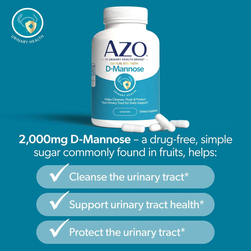 AZO D Mannose Urinary Tract Health, Cleanse, Flush & Protect The Urinary Tract, No.1 Pharmacist Recommended Brand, Clinical Strength, Non-GMO, 120 Count